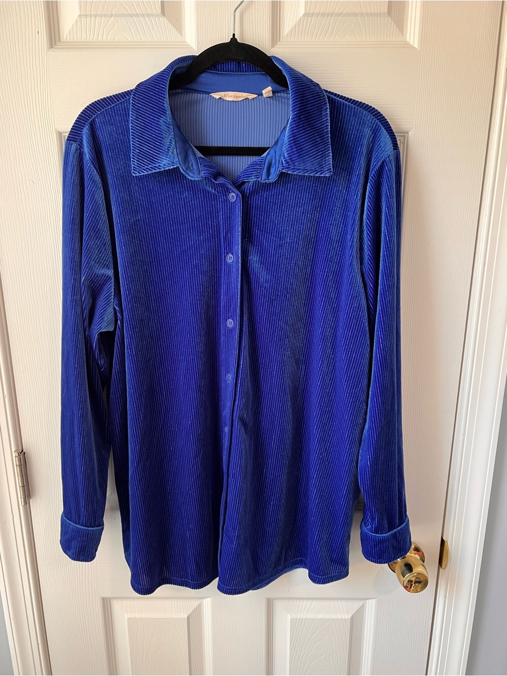 Soft Surroundings Ribbed Blue Velvet Boyfriend Button Down Shirt Party XL
